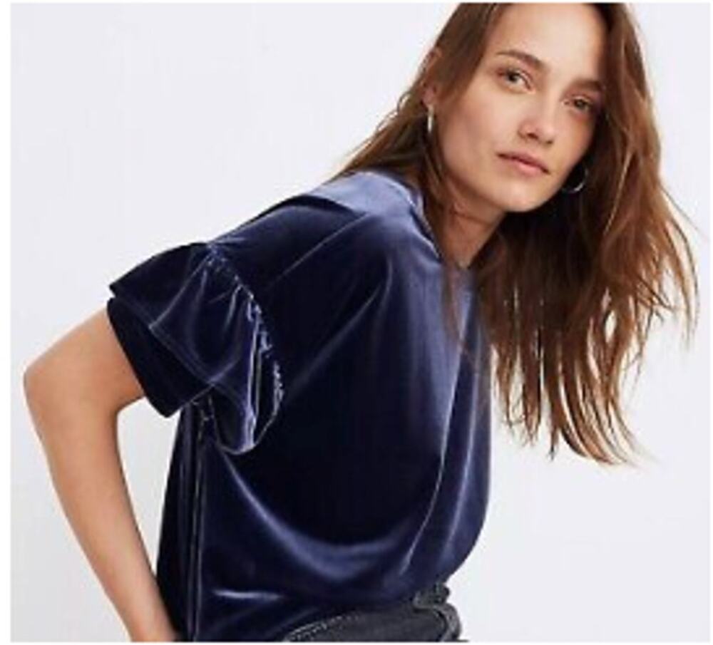 Madewell Velvet Short Ruffle Sleeve Top Blue Size XXS